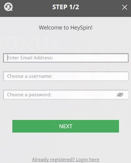 HeySpin login without bonus code